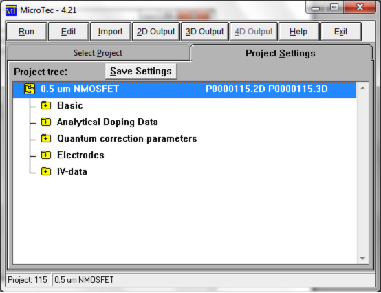 MicroTec Project Settings tree showing doping, quantum correction and electrode parameters